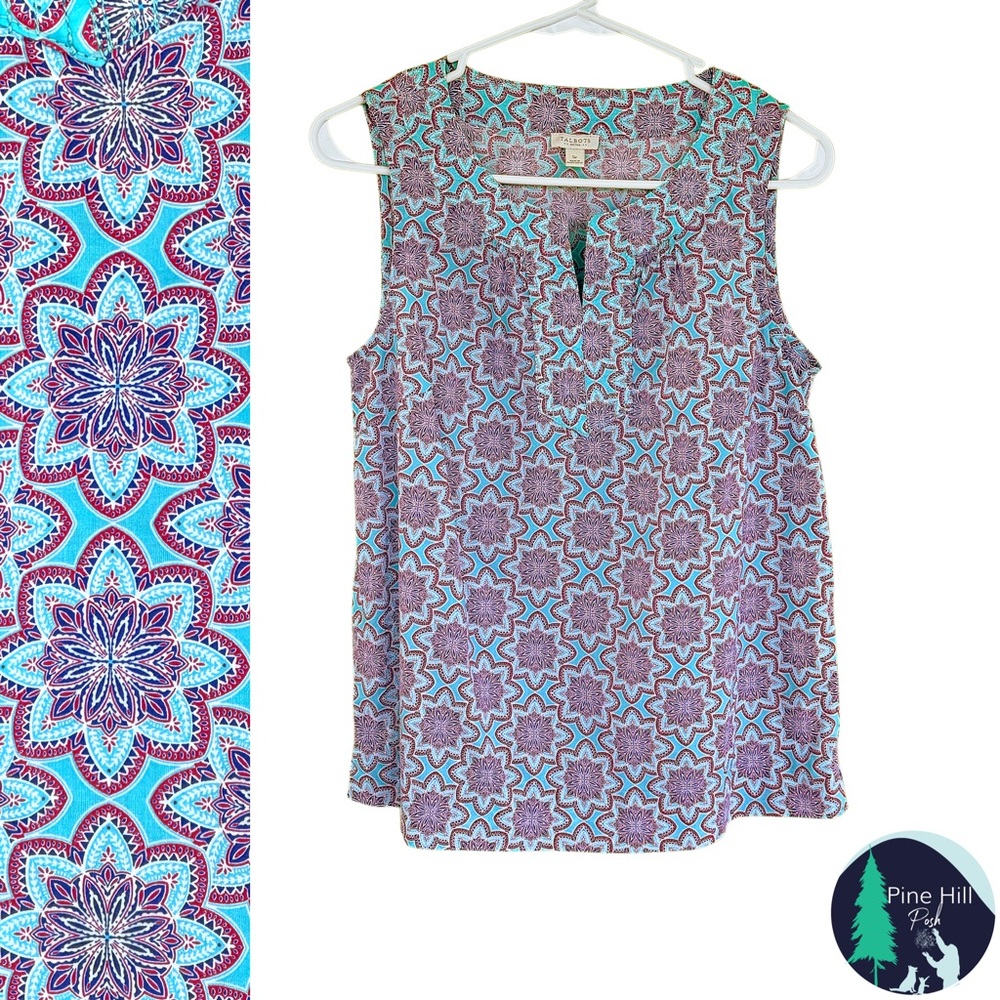Talbots Petites Sleeveless Blouse Top Womens SP Mandala Boho Popover 100% Cotton